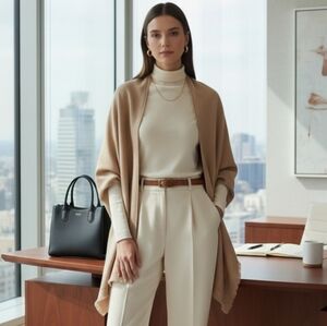 Vince Camuto Tan Shawl Wrap Cardigan Fringe Gold Studs OS Quiet Luxury Modern